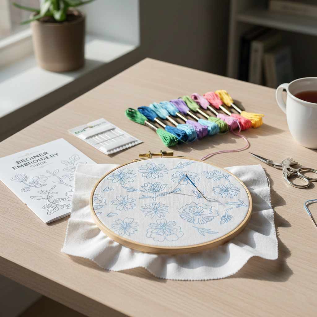 Completed embroidery hoop with floral design