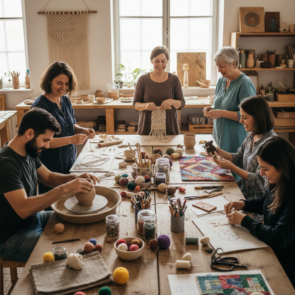 Students working on embroidery projects in workshop